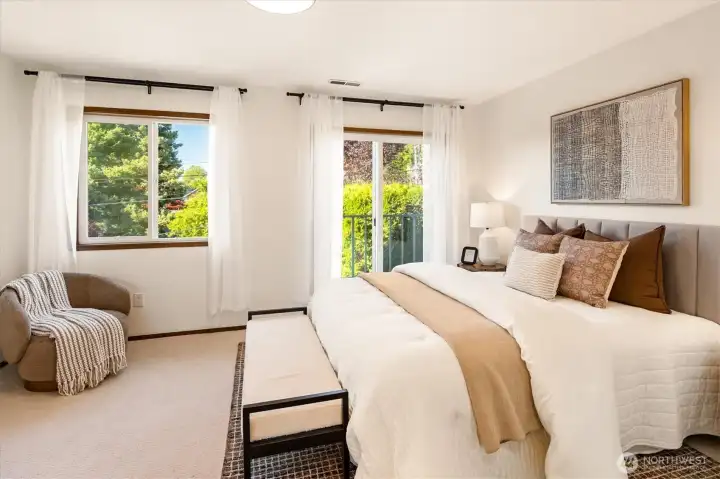 Primary suite features a private balcony with northwestern views, including Olympic Mountains and beautiful sunsets. Primary suite features a private balcony with northwestern views, including Olympic Mountains and beautiful sunsets.