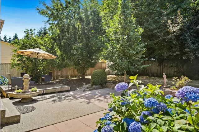 Lovely backyard with mature landscaping, patio, deck and shed.