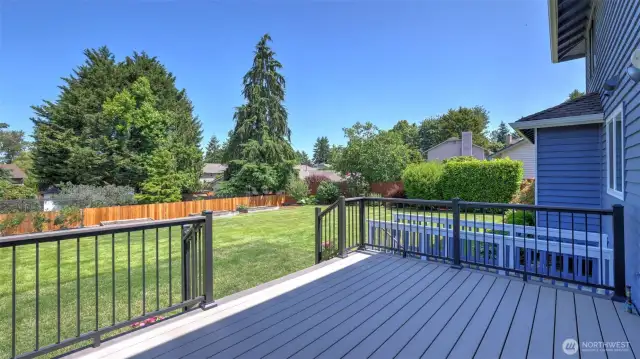 Trex deck leads to flat yard with fruit trees!