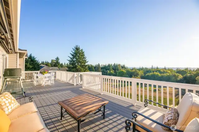 Entertainers dream deck off the main floor living room. Watch the deer frolic while the sun sets over the Olympics. Gated stairs down to the yard.