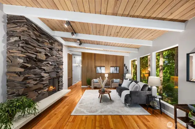 Gorgeous mid-century modern fireplace and beams in living room