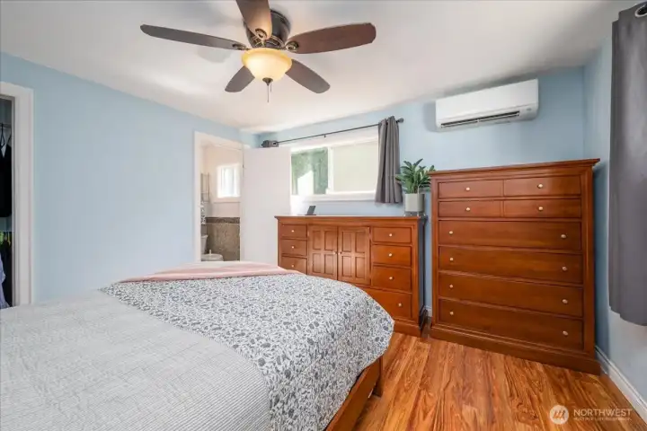 Master bedroom has a private ensuite 3/4 bath, walk in closet and mini split for year round comfort. Two windows allow for lots of natural light and views of the backyard.