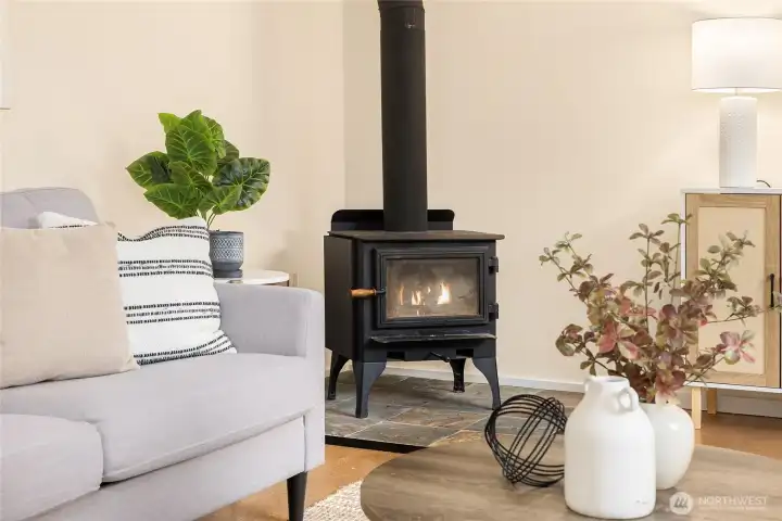 Warm ambiance from a free-standing fireplace.