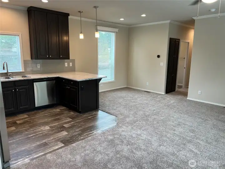 View of kitchen and dining area from the living room.