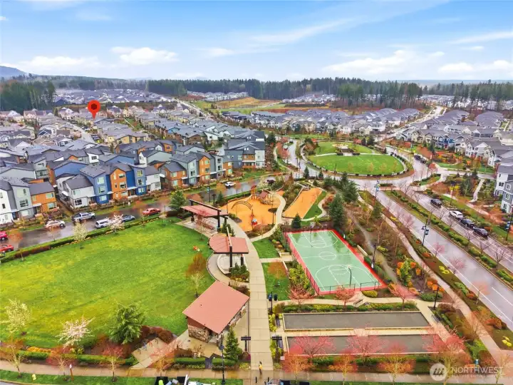 Aerial view of Ten Trails community highlighting parks, open green spaces, and thoughtfully designed neighborhood layout.