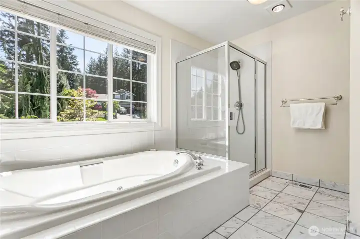 Jetted tub and shower in primary bathroom Jetted tub and shower in primary bathroom