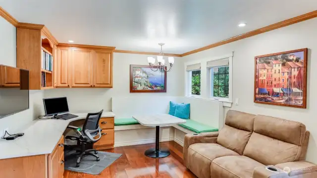 Just to the end of the kitchen is a breakfast nook and built-in desk, making this truly the heart of the home.