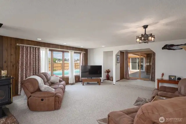 family room, wood burning fireplace