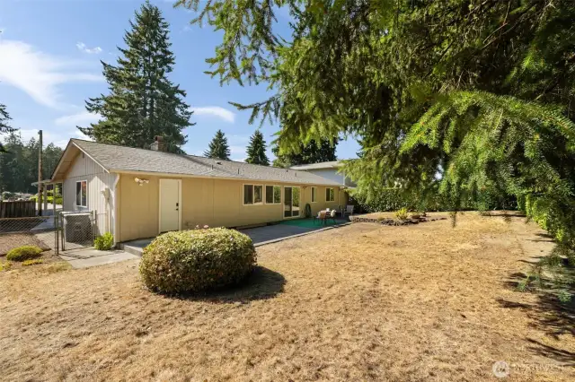 Large fenced backyard.