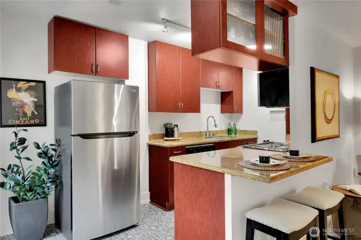 Despite it's size, this kitchen packs a punch with cabinet space.