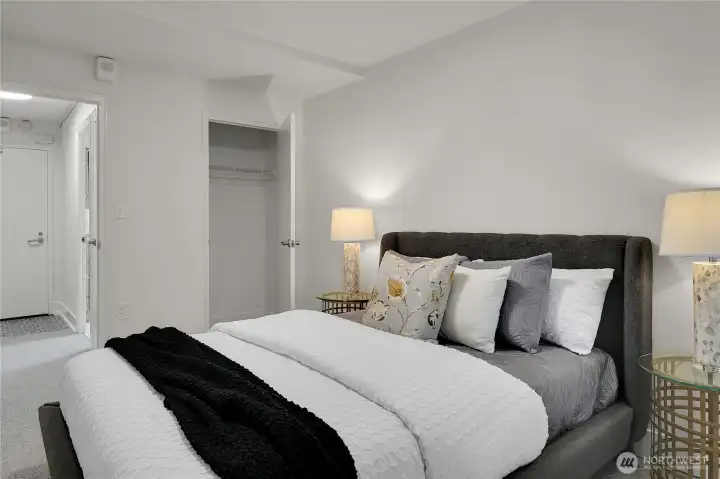 Generous closet spaces in the bedroom, hallway, and living room.
