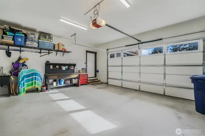 Large 2 car garage with sink.