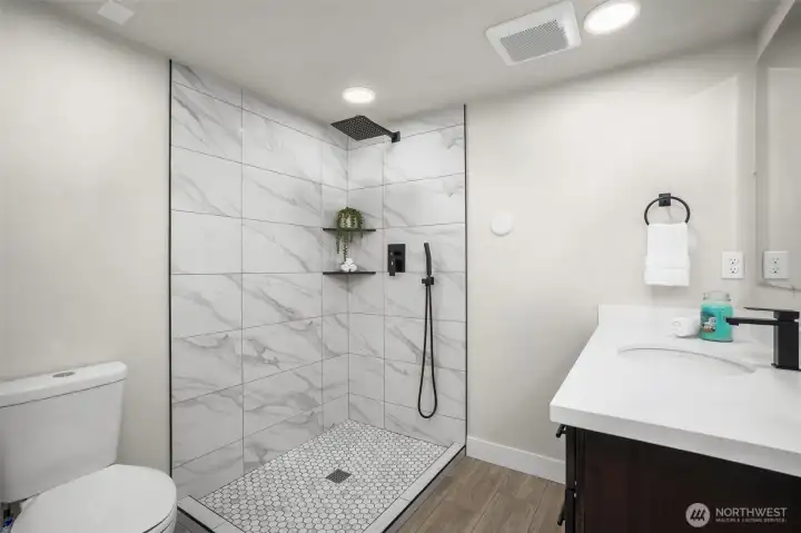 New shower (glass surround has been added).