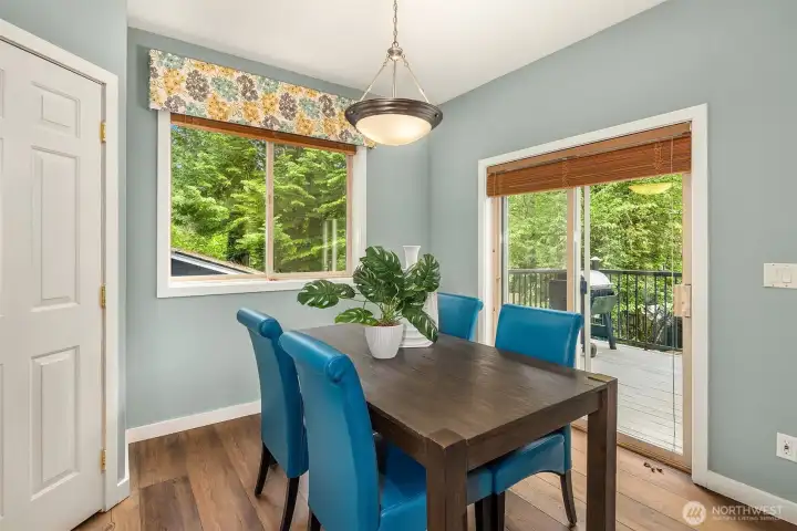 Everyday eating area offers peaceful backyard views and access to the deck — perfect for alfresco dining. The door to the left is the walk-in pantry. Everyday eating area offers peaceful backyard views and access to the deck — perfect for alfresco dining. The door to the left is the walk-in pantry.