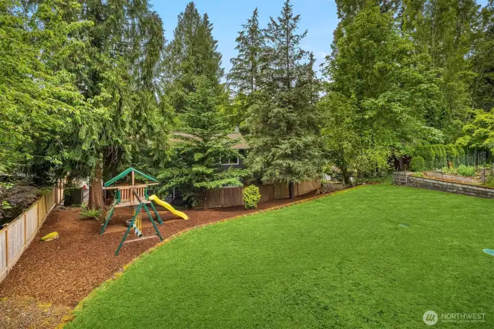 Large backyard has mature privacy landscaping and lots of room to play. The play structure is included in the sale. Large backyard has mature privacy landscaping and lots of room to play. The play structure is included in the sale.