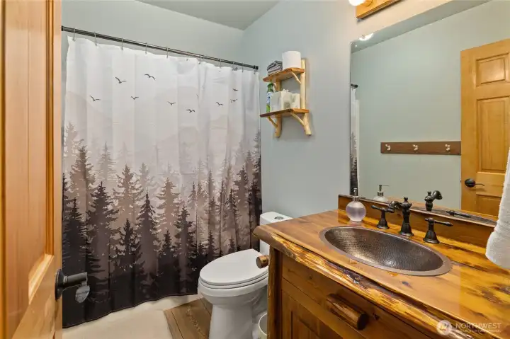Another rustic log vanity with live-edge and copper sink
