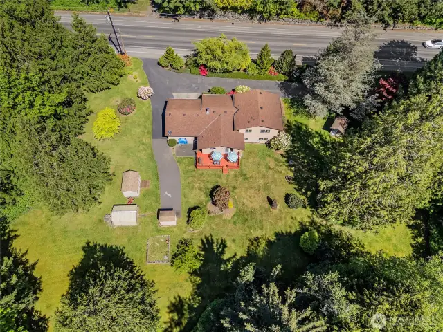 Aerial shot showing the house with all the outbuildings, driveways and that bear in the yard(!)