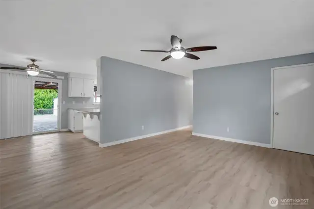 Blended living and dining area makes for an easy transition from room to room.