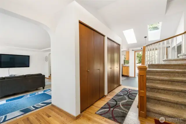 When you enter the home, living room to the left, kitchen area straight ahead, and bedrooms upstairs to the right.