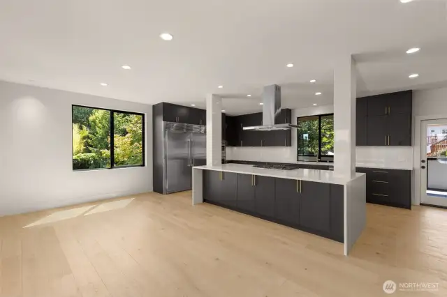 Chefs kitchen boasts Bosche SS appliances, Electrolux double fridge, wine bar walk in pantry