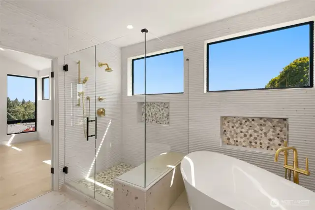 Primary 5 piece custom bath with heated floors and walk in closet