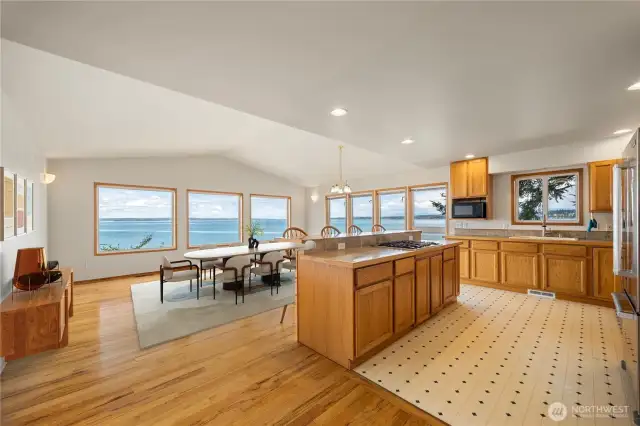The views are outstanding from the open floor plan of the kitchen and the dining room.