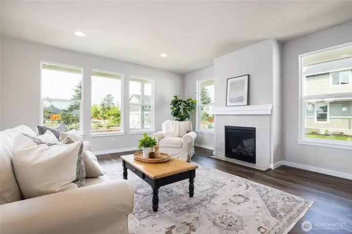 Great room with view of the gas fireplace