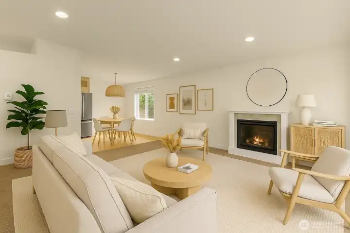 Spacious living area with electric fireplace. (virtually staged)