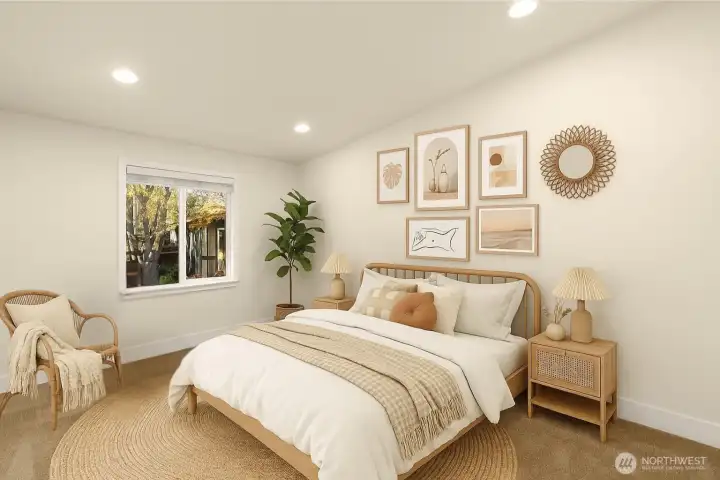 Spacious Primary Bedroom with vaulted ceilings (virtually staged)