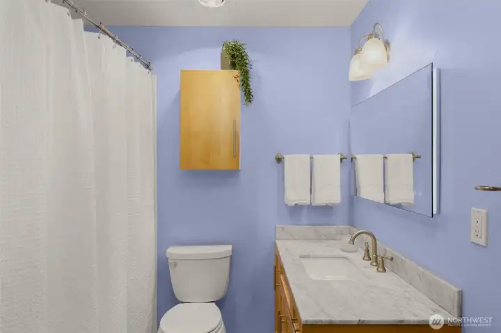 Tile surround shower, updated countertops & fog-free LG mirror