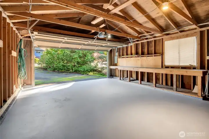 The massive two car garage is the perfect place to tinker with your tools, has ample storage and can fit two real sized vehicles!