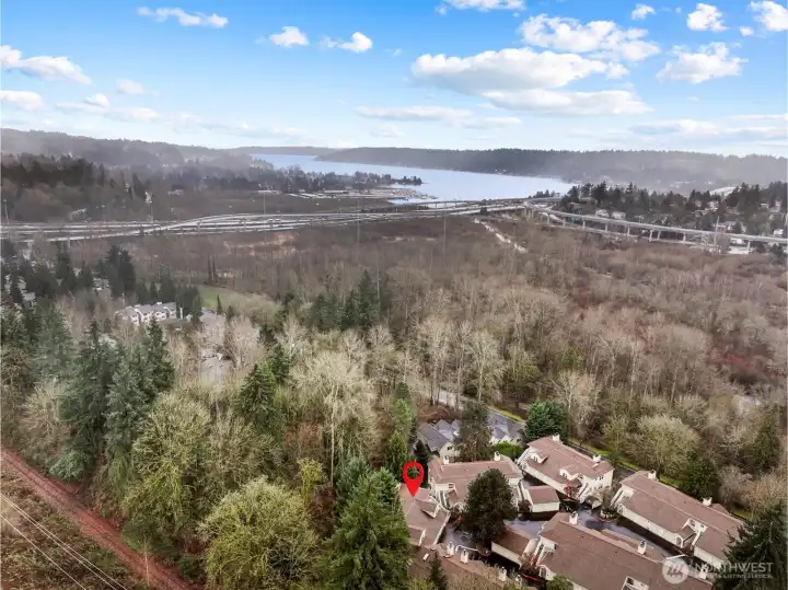 Aerial view of complex. Enjoy all of Mercer Slough Nature Park, Lake Washington Blvd, and easy access to 405, I-90, LR, and bus routes.