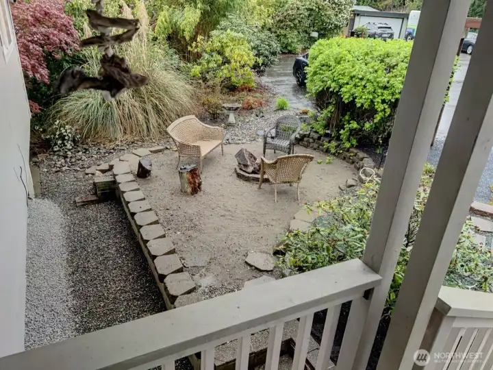 View of fire pit from front door. View of fire pit from front door.
