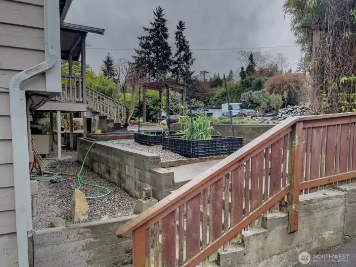 View from driveway near garage.