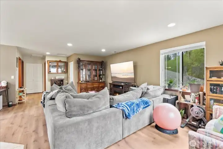 Living room with recessed lighting.