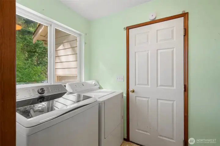 Laundry on the main floor with storage and a window! Cinderella would love the vew!