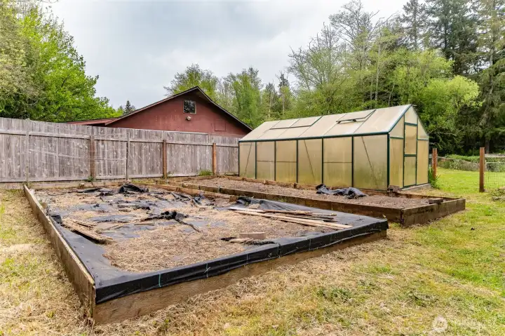 Large garden beds and greenhouse