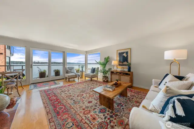 Living room with view of lake