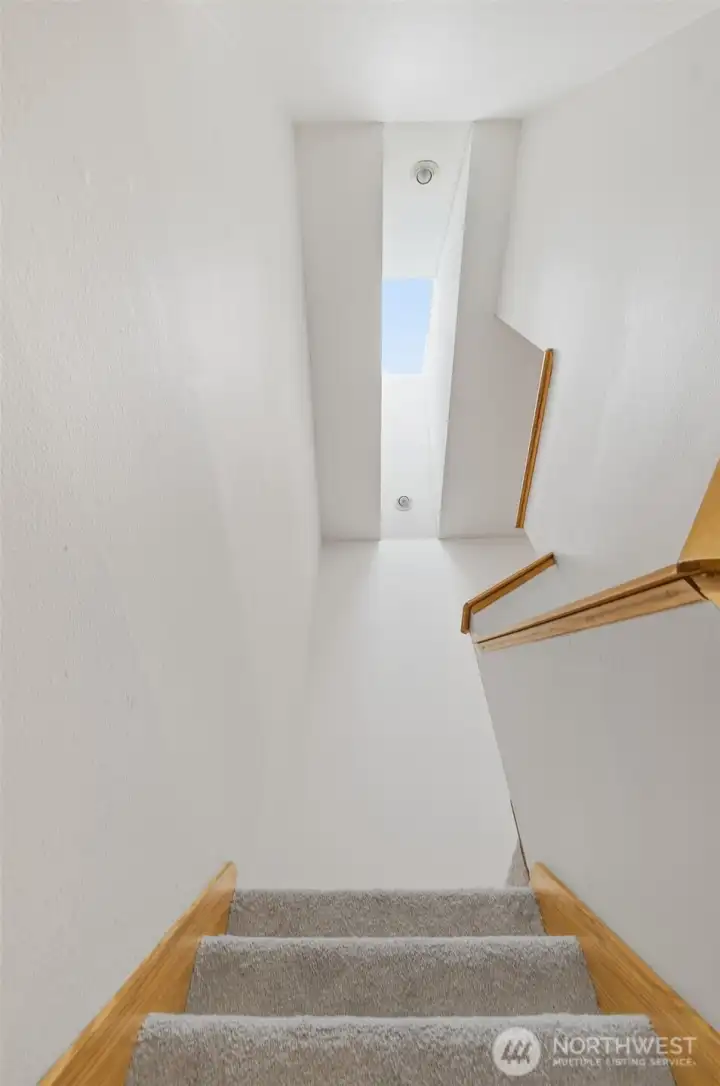 stairway with vaulted ceiling and skylight