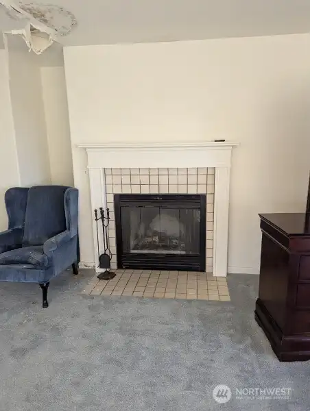 Woodburning fireplace in one of the primary bedrooms. Water damage to the ceiling.