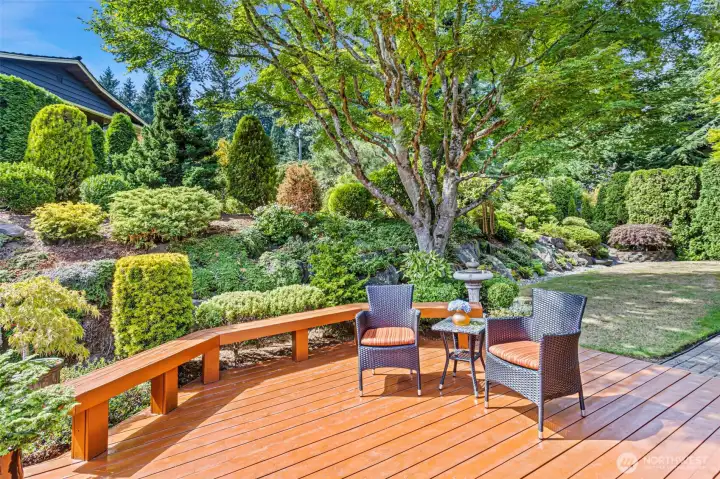 Sunny deck off of kitchen and gorgeous landscaping