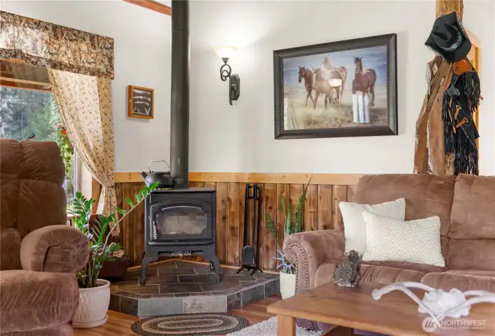 A wood stove to keep you warm during the winter or take the chill off in the fall.