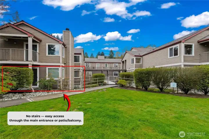 No stairs — easy access through the main entrance or patio/balcony.