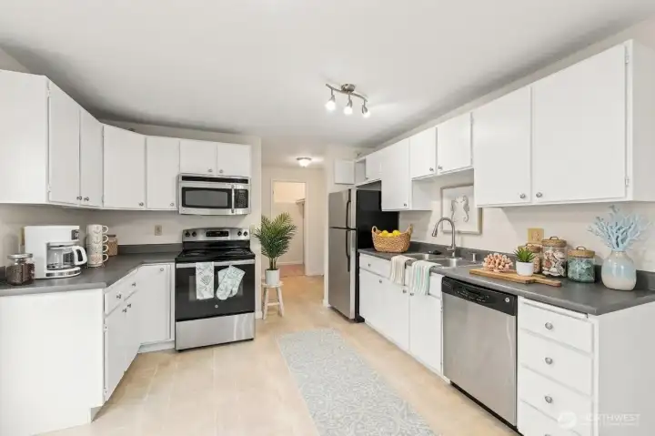 Spacious kitchen is virtually staged