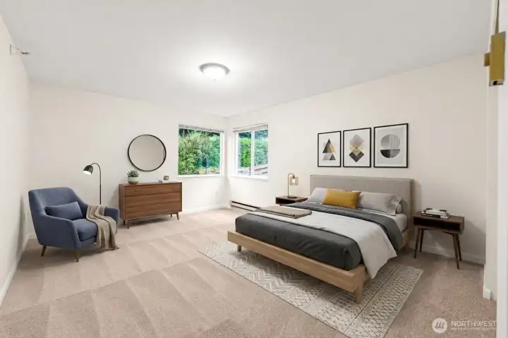 Opulent bedroom is virtually staged.