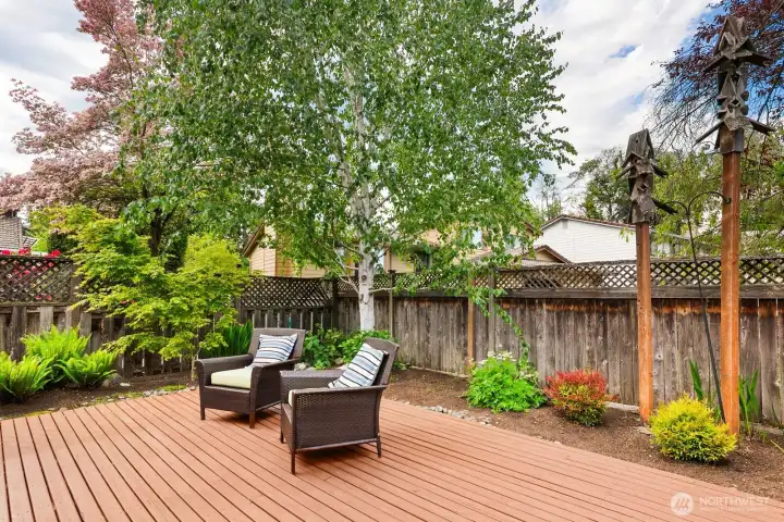Spacious back deck w/fully fenced backyard