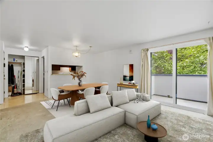 virtual staged living room, private balcony with sliding doors virtual staged living room, private balcony with sliding doors