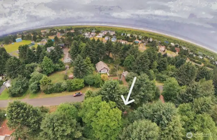 Pacific Ocean in background. Arrow pointing to approximate location.