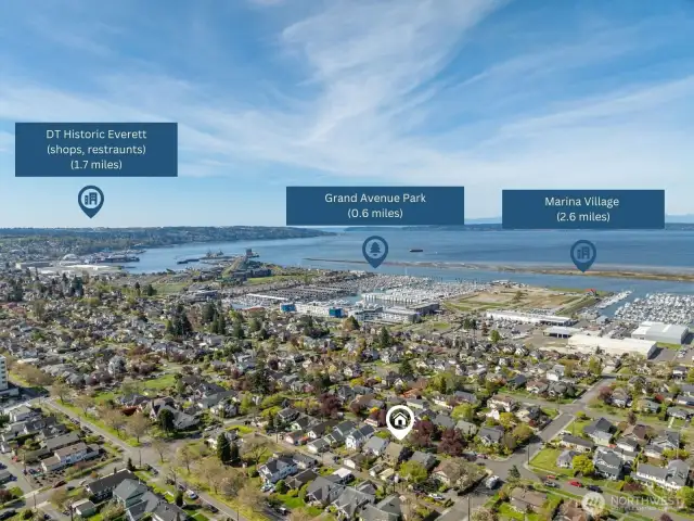 Southwest View: Southwest-facing aerial view highlighting the home's prime location—just minutes from Grand Avenue Park, the Everett waterfront, and downtown shops and restaurants. A perfect blend of historic charm and urban convenience!