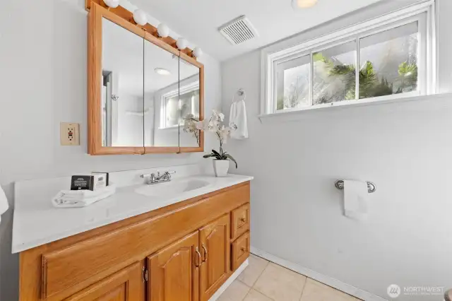 This lower level ¾ bathroom offers both function and comfort with a walk-in shower, bright natural light, and a spacious vanity with ample storage. A clean, refreshing design makes it the perfect complement to the livable basement.